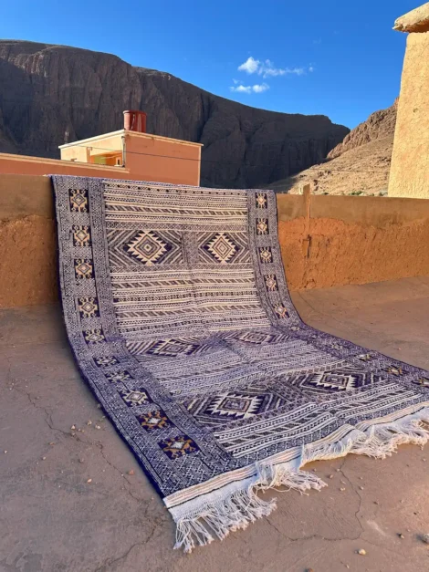 Indigo Blue & White Handwoven Berber Kilim Rug
