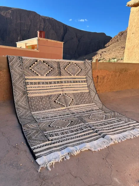 Handwoven Saffron Black Kilim Wool Silk Rug