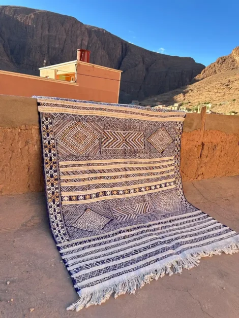 Handwoven Indigo White Kilim Wool Silk Rug