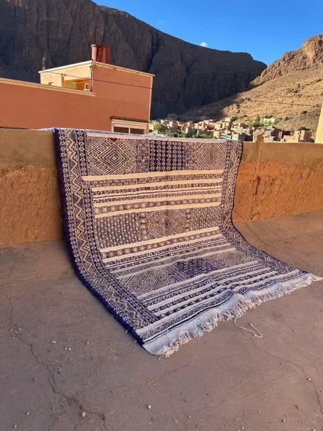 Handwoven Indigo Kilim Wool Silk Berber Rug