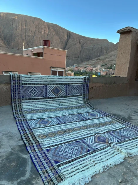 Authentic Moroccan Berber Kilim Rug Wool and Cactus Silk Indigo 300 x 200 cm