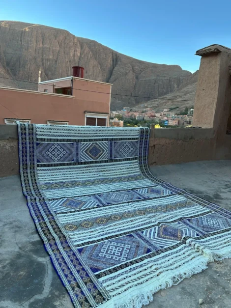 Authentic Moroccan Berber Kilim Rug Wool and Cactus Silk Indigo 300 x 200 cm