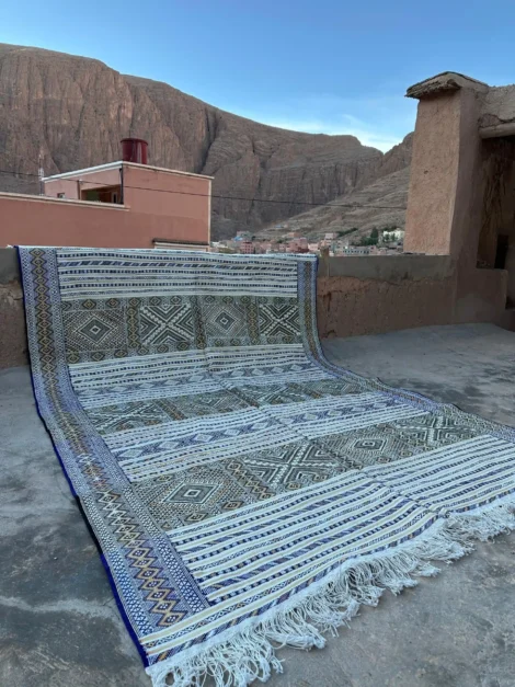Authentic Moroccan Berber Kilim Rug Wool and Cactus Silk Indigo 300 x 200 cm