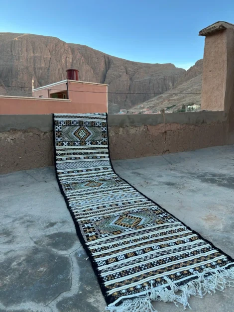 Authentic Moroccan Berber Kilim Runner Wool and Cactus Silk Saffron 300 x 50 cm