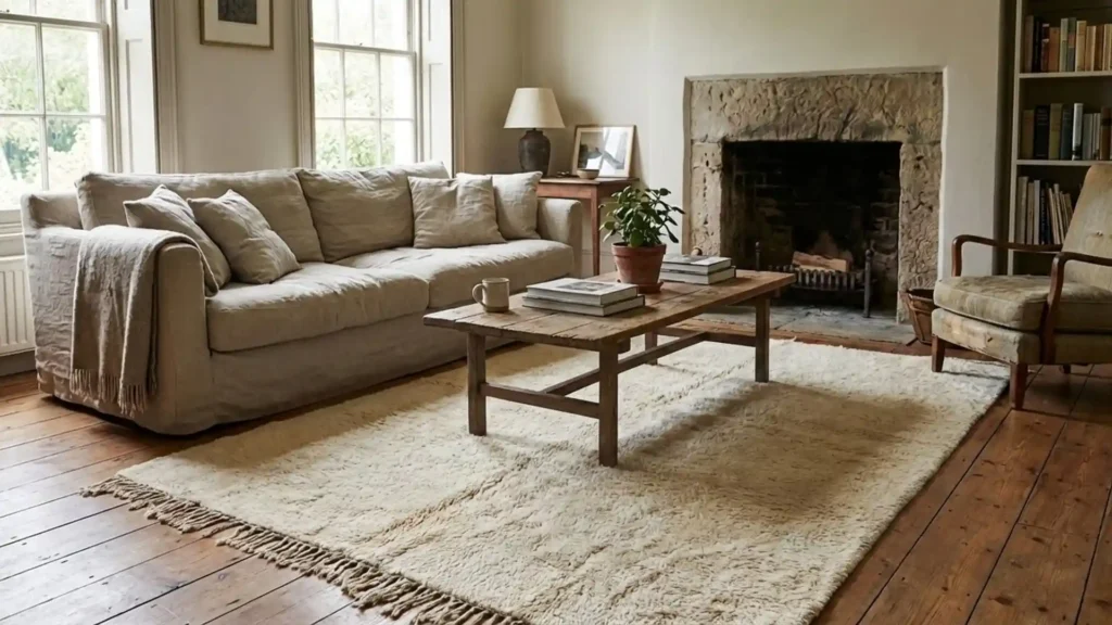 Luxury styled living room showcasing authentic handmade Moroccan rug as heirloom investment piece with modern furniture