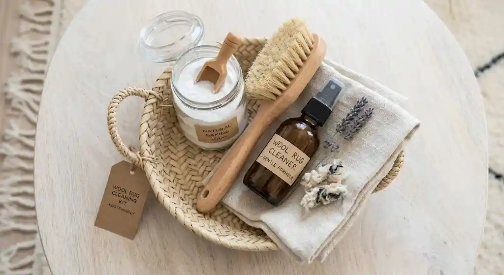 Gentle wool-safe cleaning supplies for Berber rug stain removal