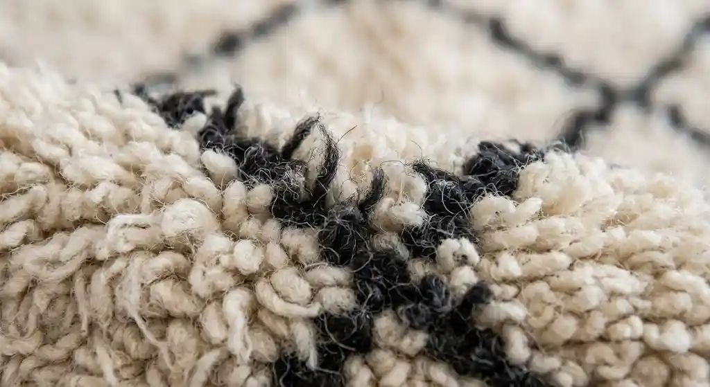 Close-up of hand-knotted wool fibers on a Beni Ourain rug showing natural texture and ivory color with black geometric pattern