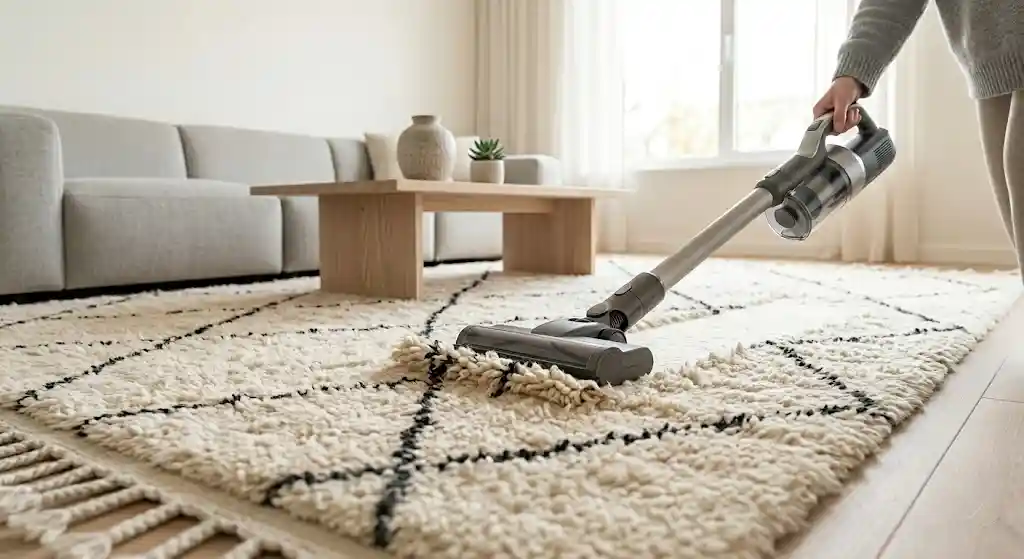 Vacuuming a handwoven Berber rug in a bright living room