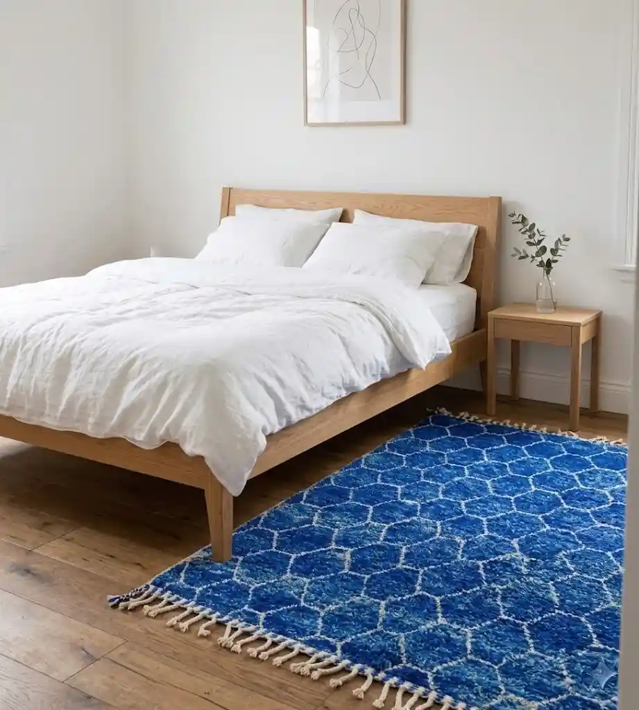 Beni Ourain rug in a minimalist bedroom with linen bedding