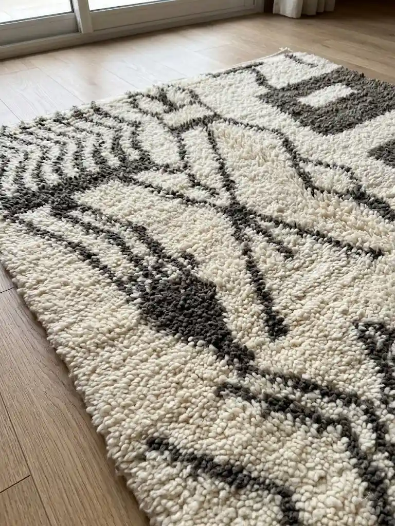 Beni Ourain rug texture detail on light wood flooring