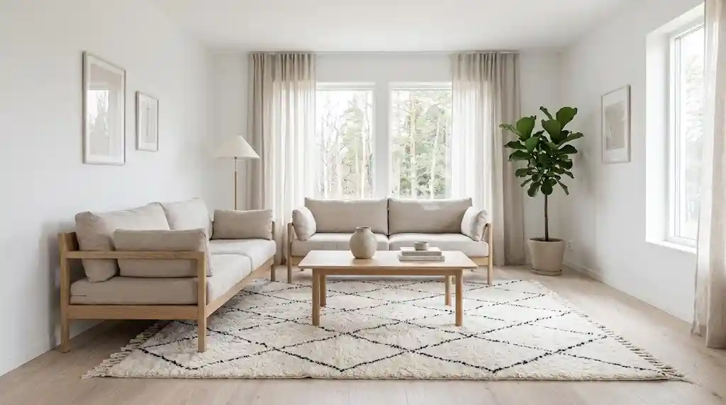 Beni Ourain rug styled in a minimalist Scandinavian living room