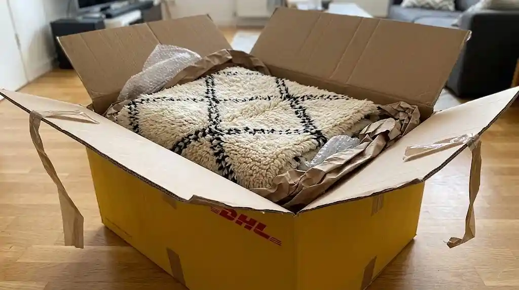 Unboxing a Moroccan rug delivered via international DHL shipping