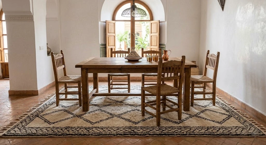 Moroccan rug sized correctly under a dining table with chairs pulled out