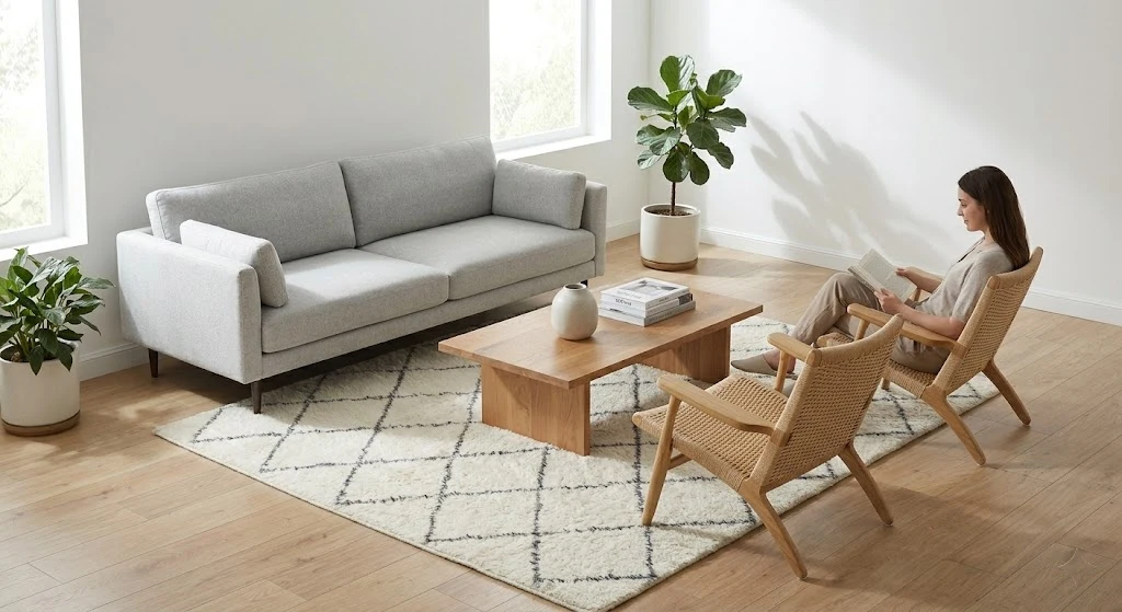 Diagram comparing rug placement styles for a living room